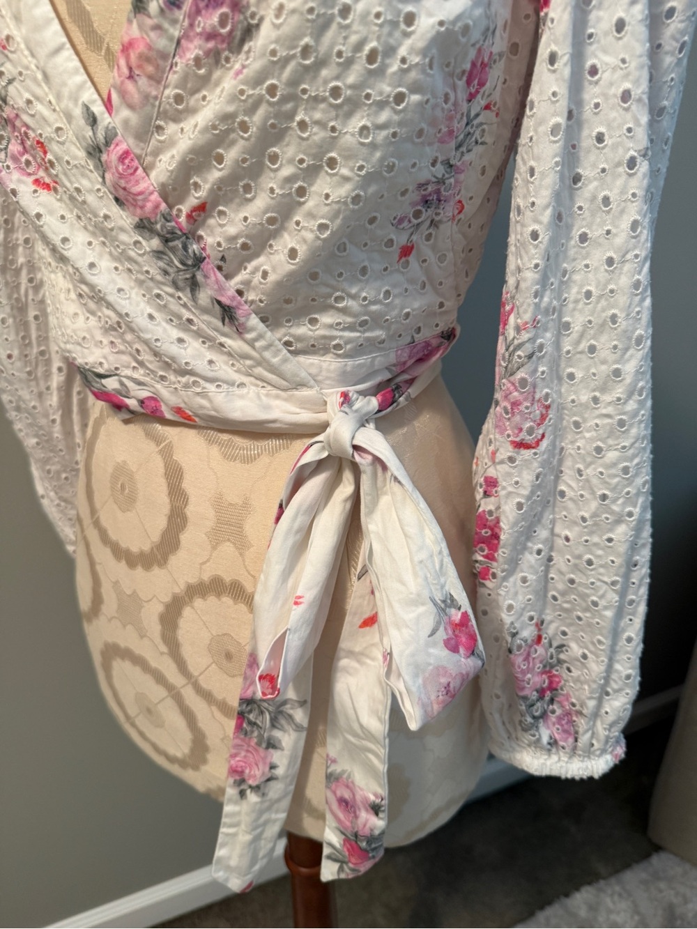LoveShackFancy White Eyelet Wrap Top with Pink Floral Print - Picture 3 of 6
